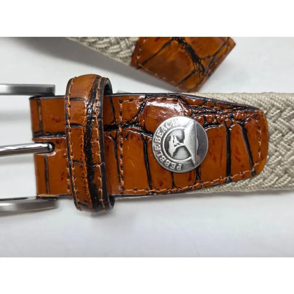 PEBBLE BEACH MEN'S BRAIDED STRETCH GOLF BELT TAN BROWN GENUINE LEATHER SIZE 40 - Picture 2 of 5